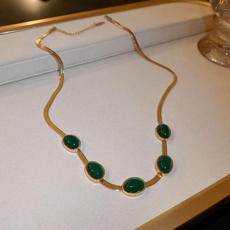 Elegant Green Crystal Necklace & Bracelet Set – Gold Finish