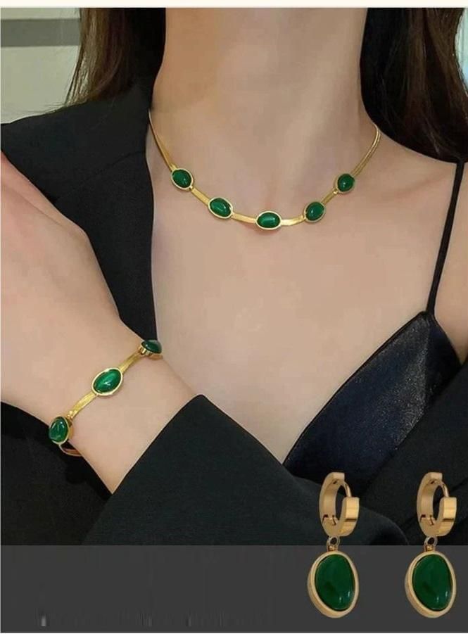Elegant Green Crystal Necklace & Bracelet Set – Gold Finish